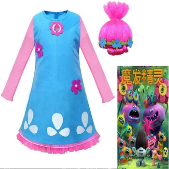 

Anime Cosplay Poppy Trolls Dress + Halloween Cosplay Wig Birthday Party Girl Costumes Cosplay Dress and wigs