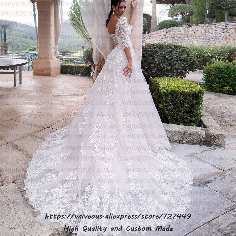 Vestidos de Novia Chapel Train Свадебное платье с кружевами на свадьбу роскошное платье с аппликацией 3/4 свадебное платье с длинными рукавами Robe Mariage