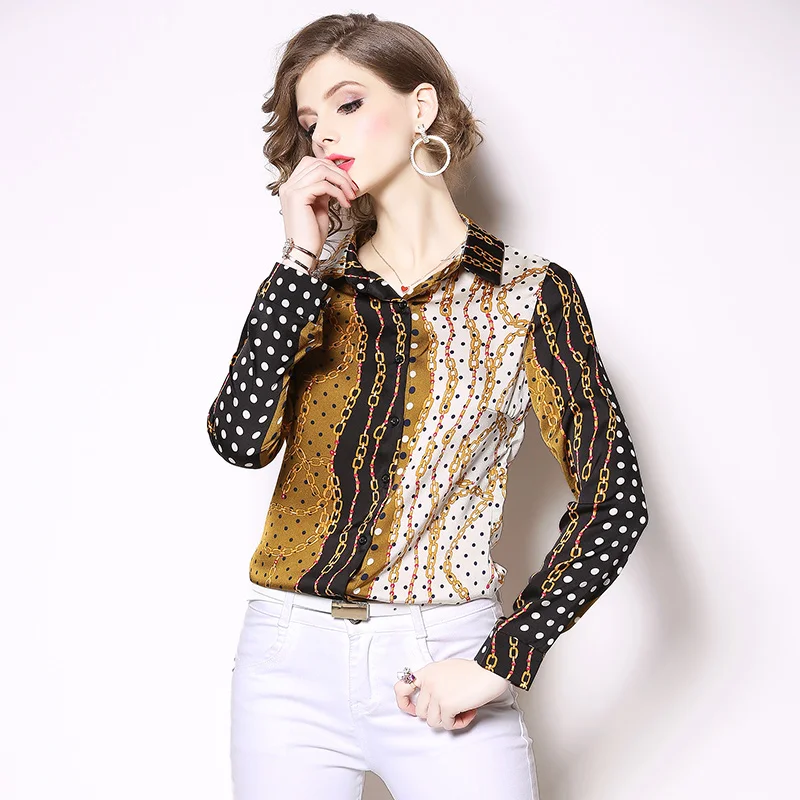 

Peritiny Chain Print Casual Blouse Shirt Women Tunic Elegant Trending Leisure Blouse Female Vacation Office Wear Ladies Tops