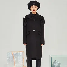 AIGYPTOS, свободное черное шерстяное пальто с оборками, парка, новинка, с длинными рукавами, Дамское модное Трендовое осеннее и зимнее пальто