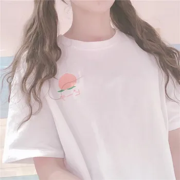 

New Summer Harajuku Cute Peach Embroidery Women T Shirt Loose Short Sleeve Tee Shirt Kawaii Tops Oversized Cotton T-shirts Mujer