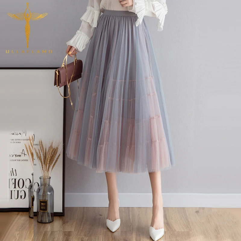 

2020 Spring Summer Mesh Skirt Female Korean Double-layer Mesh Skirt Gentle High Waist Wild Temperament Female Pleated Skirt