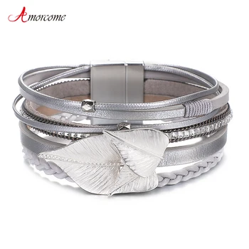 

Amorcome Bohemian Grey Braided Leather Bracelets Multilayer Alloy Leaf Charm Wrap Bracelet Pulsera Mujer Party Fashion Jewelry