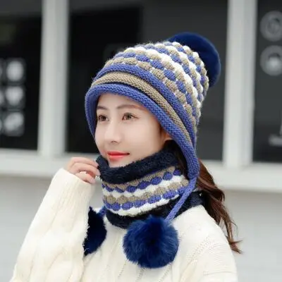 Зимняя женская вязаная шапка, шарф, женская теплая шапка, шарф, набор, модная шерстяная утолщенная шапка, набор для девушек, студенток, снежные шапки, подарок, новинка - Цвет: blue Hat Scarf
