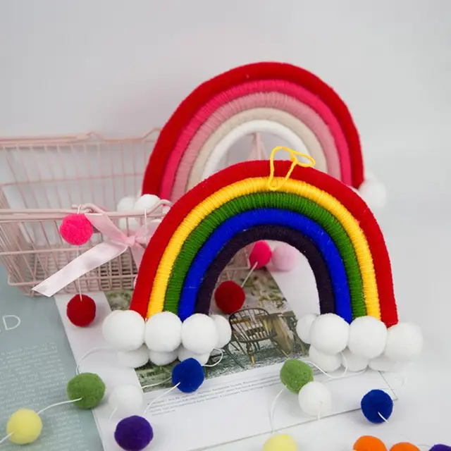 Home Decor Rainbow Fur Balls Handmade Weaving Tapestry Nordic Kids Children's Room Decor Nursery Baby Room Wall Hanging Toys 2