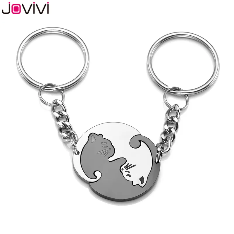 Jovivi, новинка, 2 шт., Инь-Ян, кот, подходящий, милый кот, пазл, брелок для ключей, нержавеющая сталь, брелок для домашних животных, брелок для влюбленных пар