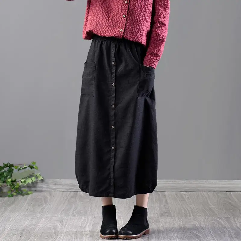 Весенняя новая стильная женская юбка в винтажном стиле, свободная юбка трапециевидной формы с эластичной резинкой на талии, хлопковая льняная Юбка-миди на пуговицах, большие размеры D434 - Цвет: Black