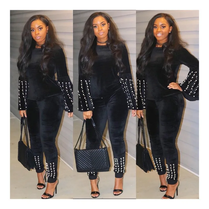 

Winter Party Luxury Outfits Pearl Velvet Two Piece Set Women Sweatsuit Flare Sleeve Tops + Pant Sweat Suit Matching OL Tracksuit