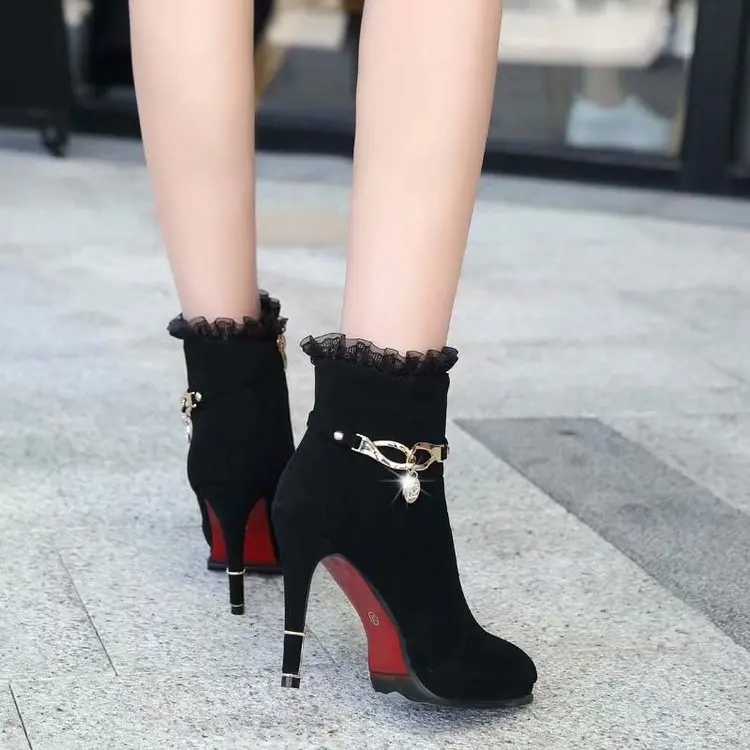 

High Heel Shoes Women's 2019 Autumn And Winter New Style Thin Heeled Hight-top Hide Substance Casual Shoes Women's Ladies' Lace