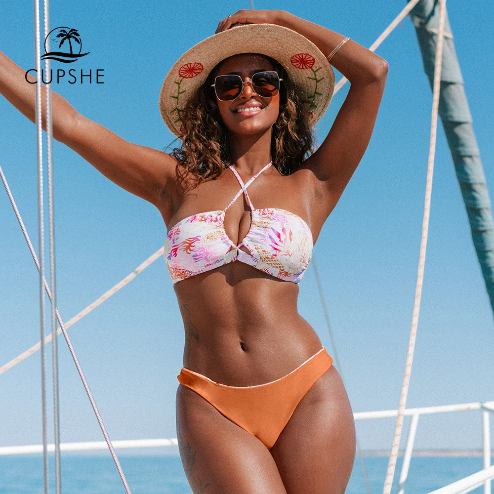 CUPSHE Coral Print Halter Low Waist Bikini Sets Swimsuit For Women Sexy Reversible Bottom Two Pieces Swimwear 2022 Bathing Suit | Спорт и