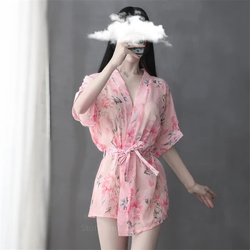 

Nightgown Women Japanese Kimono Yukata Floral Print Perspective Sleepwear Japan Short Robe Belt Lingerie Sexy Pajamas Homewear