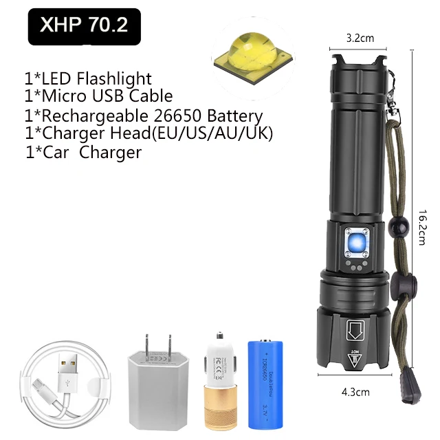 Супер яркий XHP70.2 светодиодный фонарик 26650 фонарики XLamp XHP50 USB Перезаряжаемый тактический фонарь 18650 Zoom факел - Испускаемый цвет: Package  H