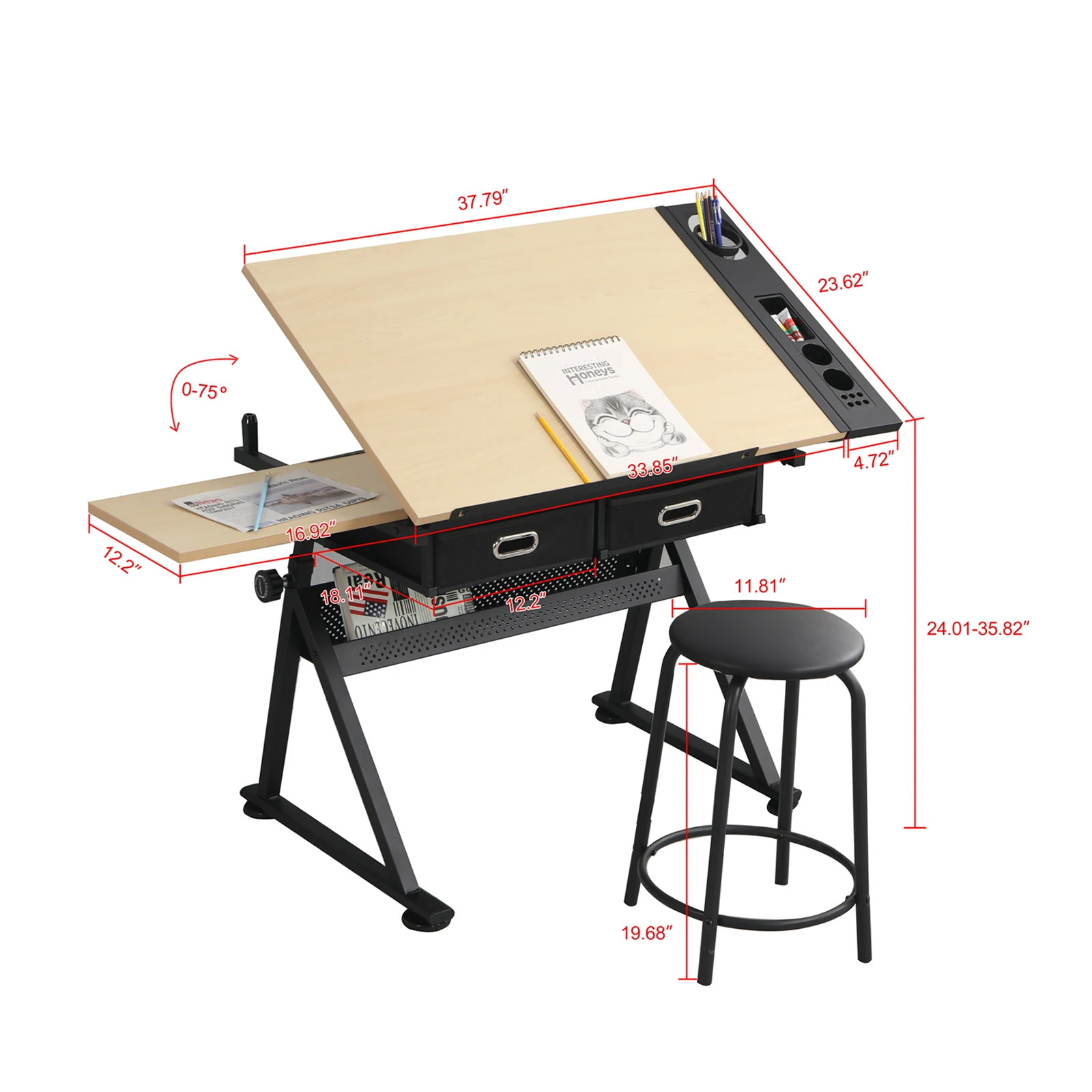 PROD 1005002246757165 47.2-55.1x23.6x27.9-36.2 inches Height Adjustable
Drawing Table with Storage Drawers and Stool Yellow