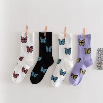 

4 Styles New Women Girls Socks Middle Tube Cotton Streetwear Sports Fashion Foot Socks Butterfly Cartoon Breathable Embroidery