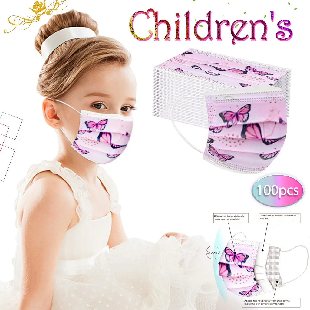 Mascarilla facial desechable con elásticos para niños, máscara transpirable de moda con mariposas, color rosa, 10/20/30/40/50/100 Uds., envío rápido