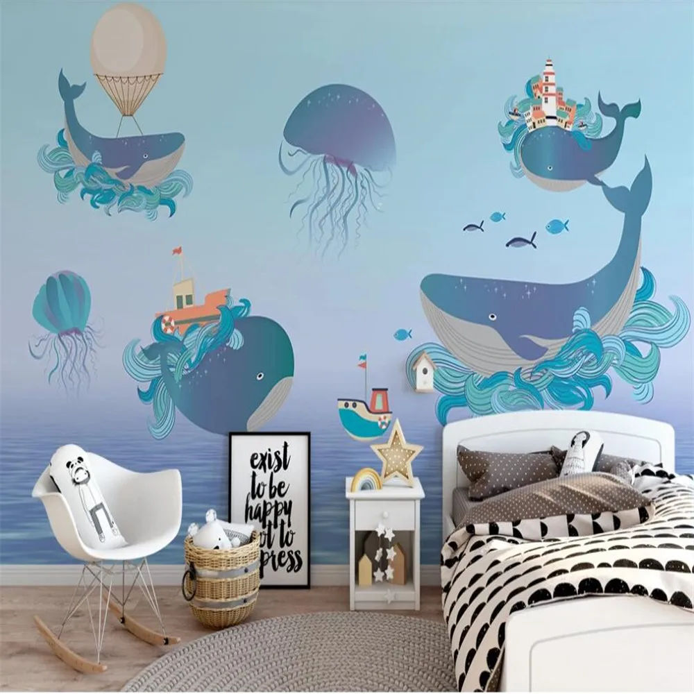 Custom 3D wallpaper mural Nordic gradient ocean whale children's room living bedroom background wall decoration painting |