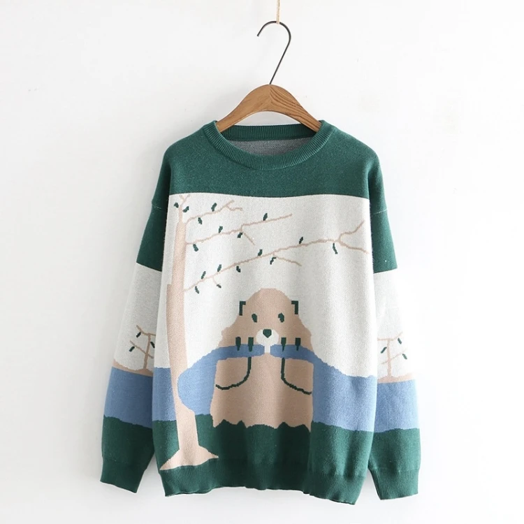 H. SA, женский свитер и джемперы с рисунком животных, зеленые Вязаные Пуловеры и вязаные топы, кавайная зимняя одежда для женщин - Цвет: HF19805 Green