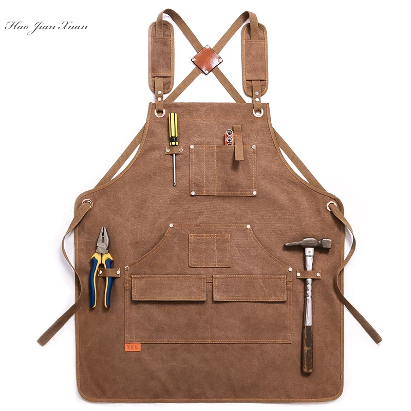 Work-Apron Tool-Pockets Woodworking-Painting Canvas Heavy-Duty Cross-Back-Straps New