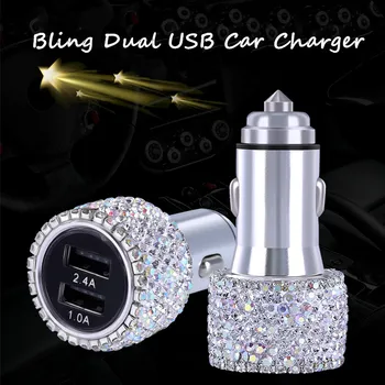 

ual USB Car Charger，Cable，stand Bling Bling Handmade Rhinestones Crystal Car Decorations for Fast Charging Car Decors