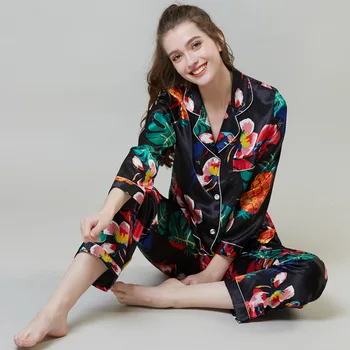 

new simulation silk pajamas women spring and summer long sleeve pants two-piece suit to wear outside the home clothing suit