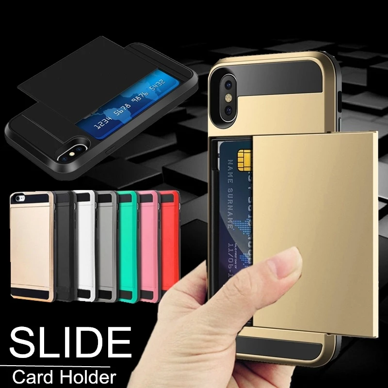 New Hybrid Tough Capa Case For iphone 5 5S SE 6 6S 7 8 Plus Slider Card Holder Wallet Armor Phone Back Cover for iphone X XS Max phone cases for iphone 8