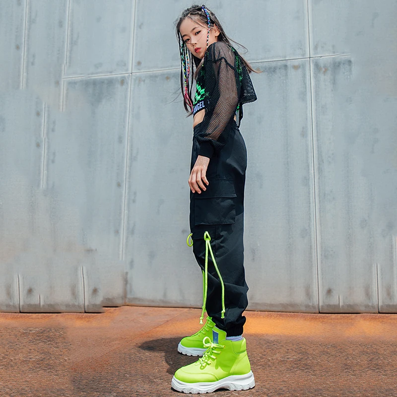 Ballroom Hip Hop Dancing Clothes Girls Net Tops Green Lattice Vest Loose Black Hip Hop Pants Jazz Street Dance Stage Wear BL7107