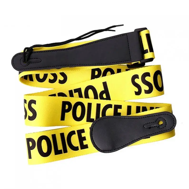 Adjustable Yellow Guitar Strap Police-Line Words Pattern with Genuine Leather Head for Acoustic Electric Bass Guitar