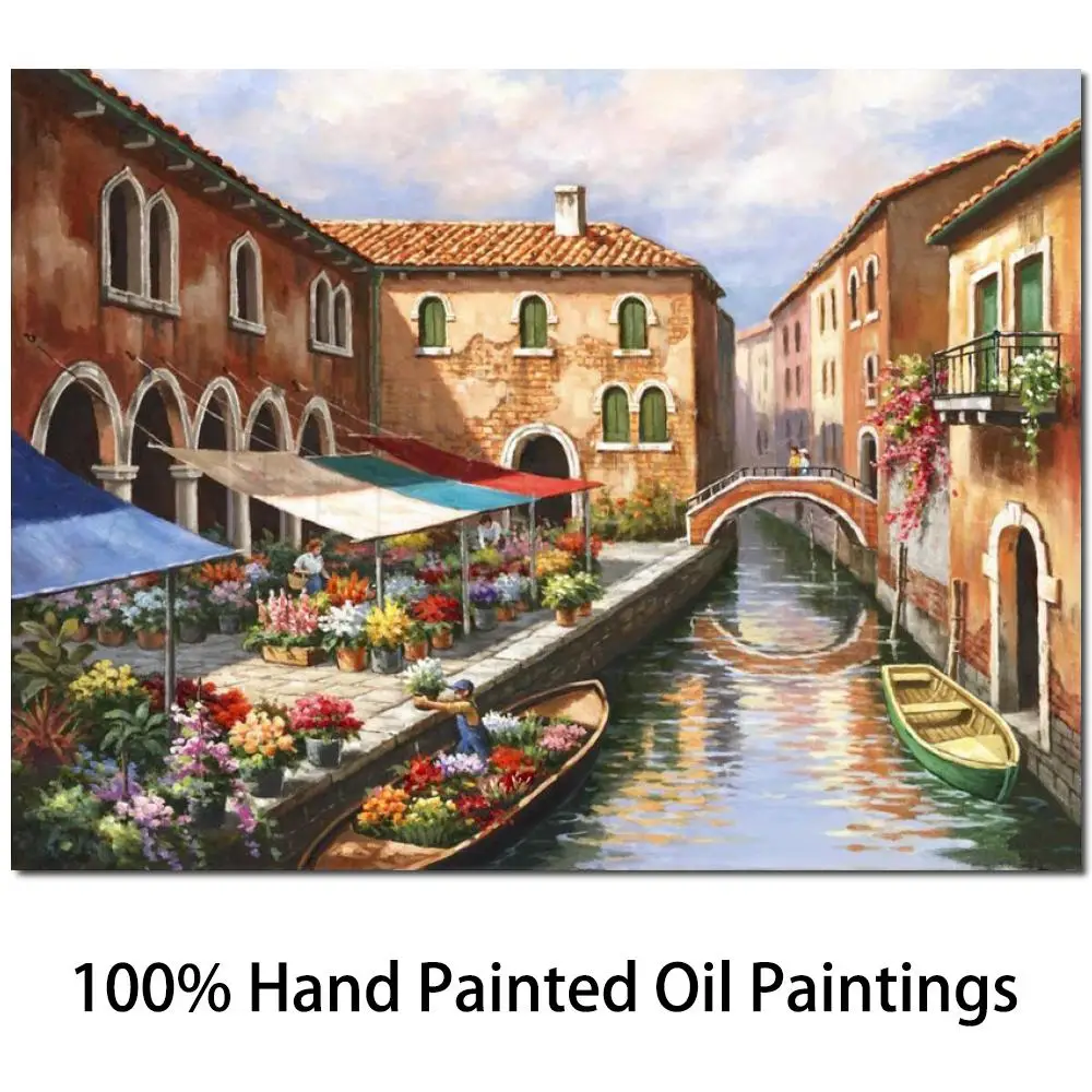 Wall Art Handmade Oil Painting Venice Flower Market Mediterranean Modern Landscape Canvas Artwork For Office Hotel Lobby Decor | Дом и сад