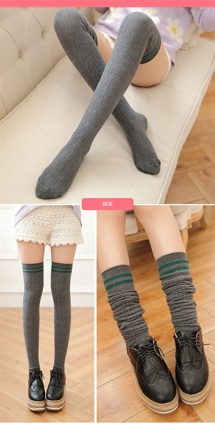 7  Twist Knitting Two Bars Vertical Socks Stripes Jacquard Sweat Deodorant Cotton Long Knees Socks For Women Girls Sock