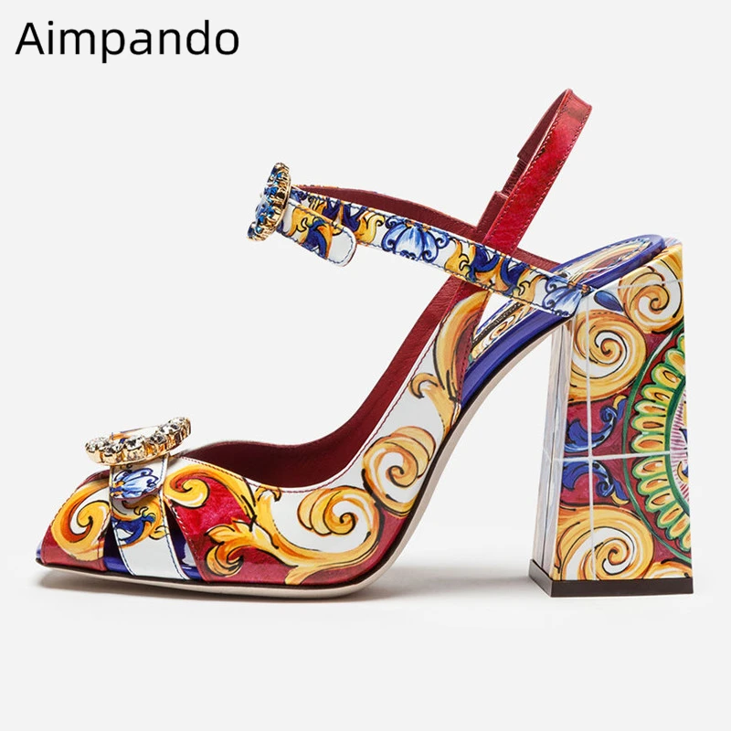 

Exotic Printed Color Gladiator Sandalias Mujer 2019 Square Chunky Heel Peep Toe Crystal Buckle Bohemian Style Summer Sandals