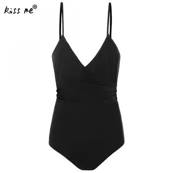 

Skinny Sling One Piece Swimsuit Sexy Monokini Female Solid Black Beach Wear Deep V Backless Bathing Suit Tummy Control Swim Wear