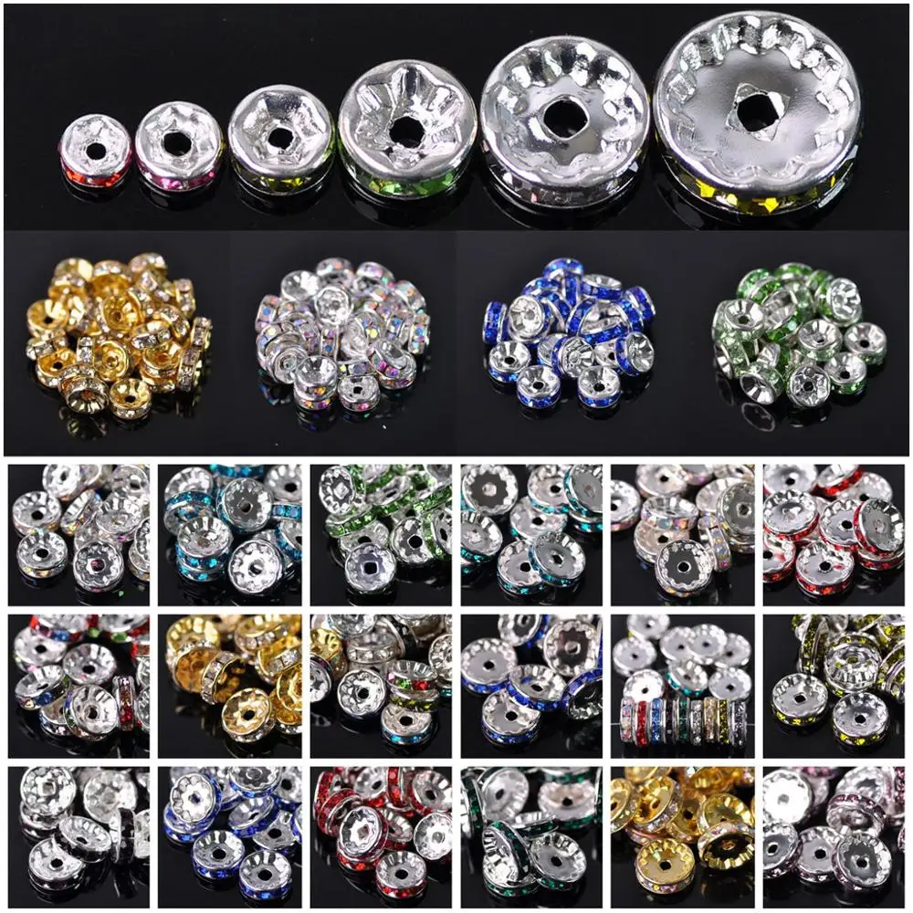 Rondelle Metal 4mm 5mm 6mm 8mm 10mm 12mm Crystal Glass Rhinestones Loose Spacer Beads for Jewelry Making DIY Crafts