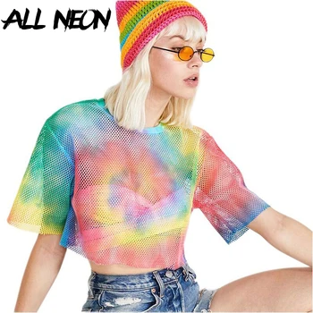 

ALLNeon Fashion Tie Dye O-neck Mesh Tops Loosed Colorful Short Sleeve Cropped T-shirts Hip Hop Streetwear SummerTops Harajuku