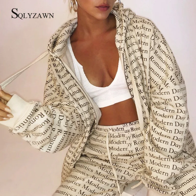 

Tracksuit Women Letter Print 2 Piece Set Autumn Drawstring Hooded Outwear Women Coat Warm Apricot Streetwear Zipper Up Sportwear