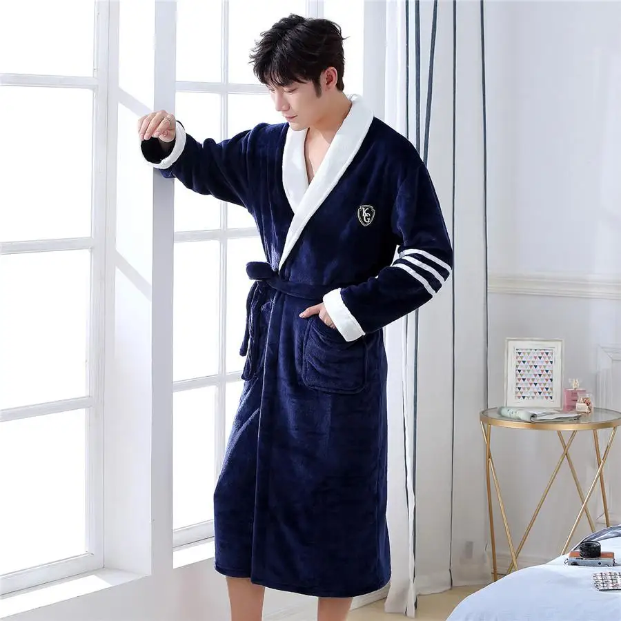 Кимоно платье Мужская домашняя одежда с длинным рукавом неглиже Осень Зима Ночная рубашка темно-синий фланелевый Домашняя одежда ремень пижамы халат - Цвет: Navy Blue E