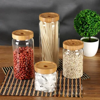 

400/600/900/1200ML bamboo airtight glass lid canister storage bottles jars beans tea beans leaf coffee beans sweets food jar