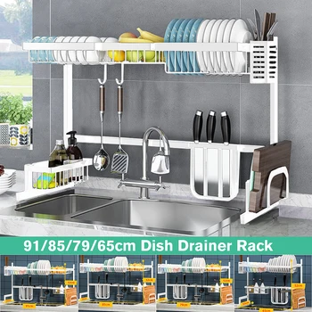 

91CM Stainless Steel Kitchen Shelf Organizer Dishes Drying Rack Over Sink Drain Rack Kitchen Storage Countertop Utensils Holder