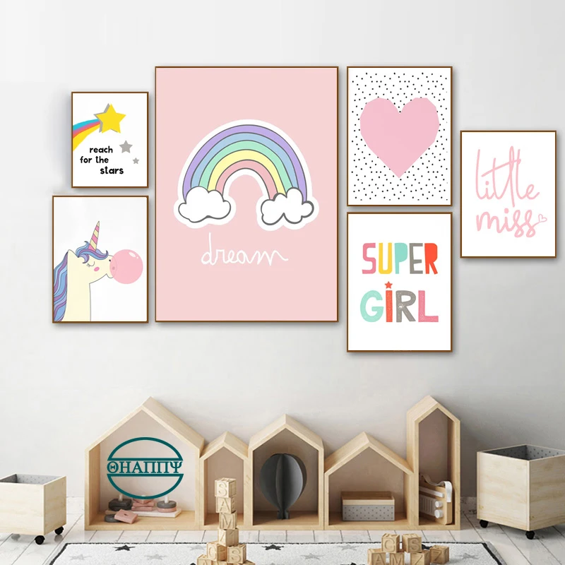 

Colourful Nursery Poster Unicorn Bubble Wall Art Canvas Painting Nordic Super Gir Picture Children Bedroom Decoration Unframed