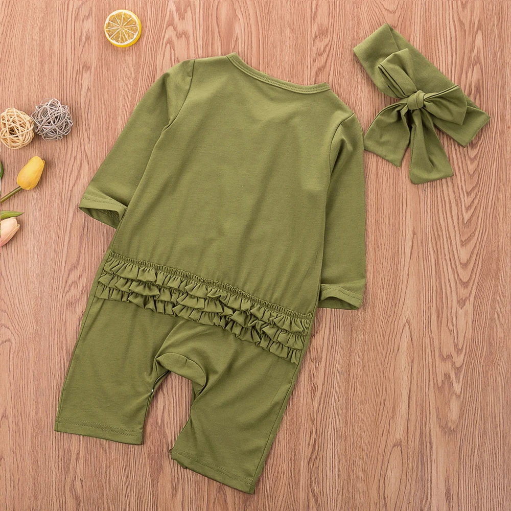 Emmababy Одежда для маленьких девочек и мальчиков однотонная Цвет с рюшами и длинными рукавами, Buttton Детский комбинезон с повязкой-бантом, комплект из 2 предметов, одежда