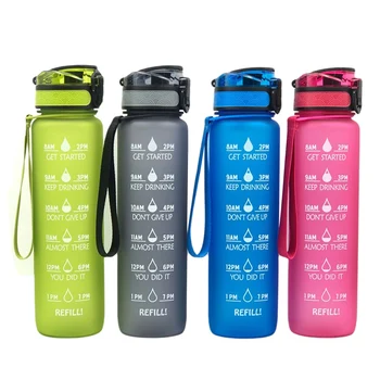 

Fitness Sport Water Bottle with Time Marker and Removable Strainer Flip Top Open Leakproof Durable BPA Free Non-Toxic Kettle