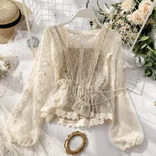 

2021 spring new lace topshirt short ladies French retro palace lantern sleeves lotus leaf lace shirts tops