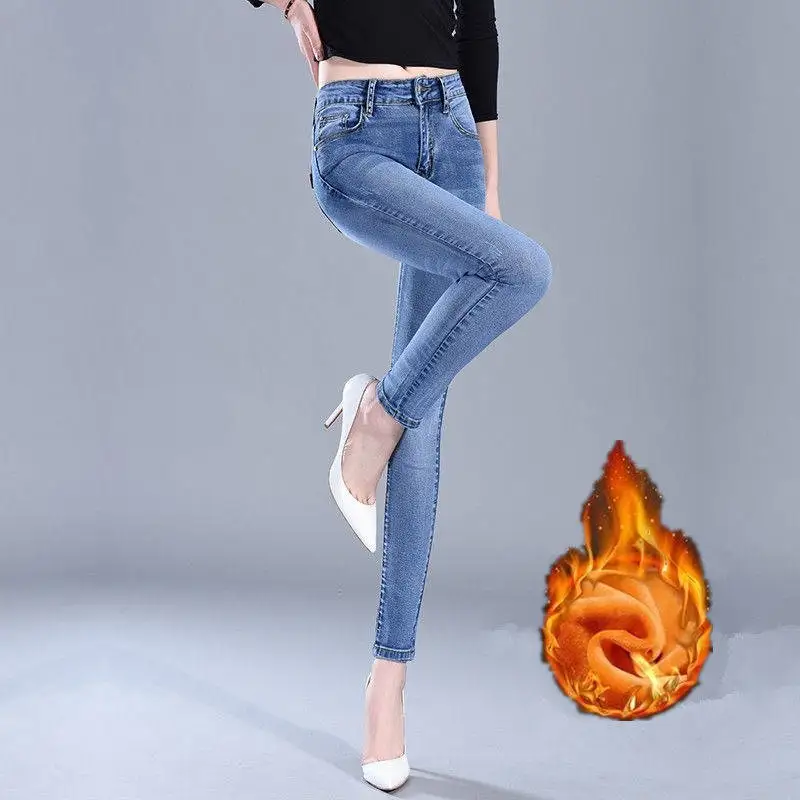 Толстые джинсы для женщин зимние теплые джинсы брюки синие однотонные стрейч обтягивающие флисовые бархатные плотные узкие брюки