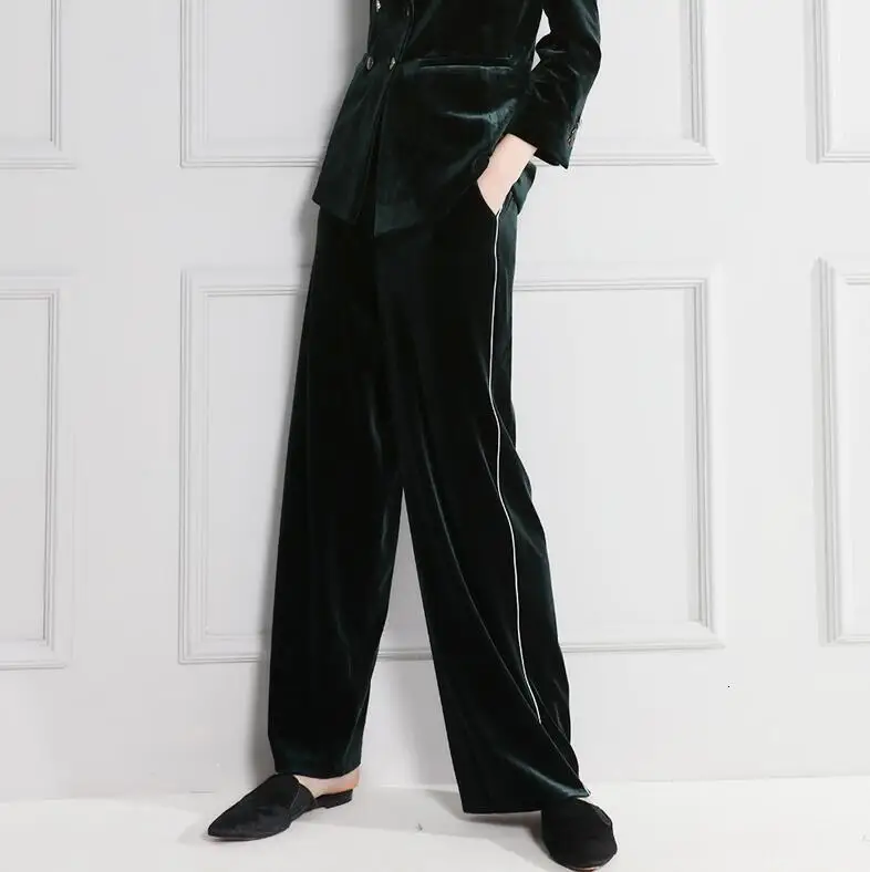 green pants Британский роскошный женский двубортный бархатный блейзер, элегантные вечерние, офисные, женские, Ретро стиль, облегающие, широкие брюки, блейзеры, костюмы - Цвет: green pants