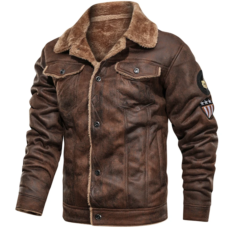 Зимняя куртка-бомбер из искусственной кожи, Мужская мотоциклетная замшевая куртка из плотного бархата, мужская верхняя одежда из искусственного меха ВВС HX053
