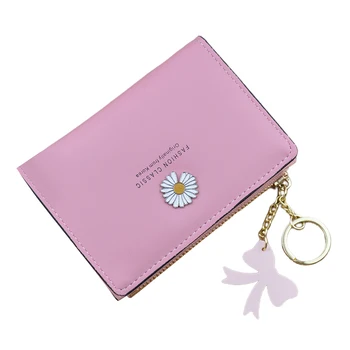 

Student Coin Purse Portable With Pendant Short Zipper Small Daisy Print Gift Soft Thin Foldable PU Leather Women Wallet Fashion