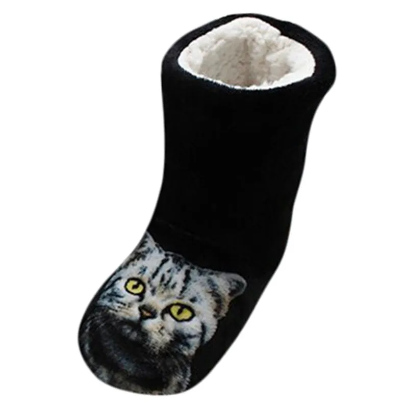 Женские домашние ботинки с принтом кота; Зимние ботильоны из толстого плюша; плюшевые домашние тапочки; удобные теплые ботинки на мягкой подошве; Botas;#40 - Цвет: Черный