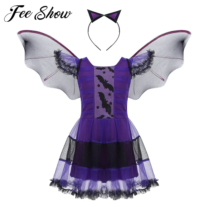 FEESHOW/детское фиолетовое платье принцессы «летучая мышь» с повязкой на голову Феи Хэллоуин косплей фантазии вечерние комплекты магического страшный костюм