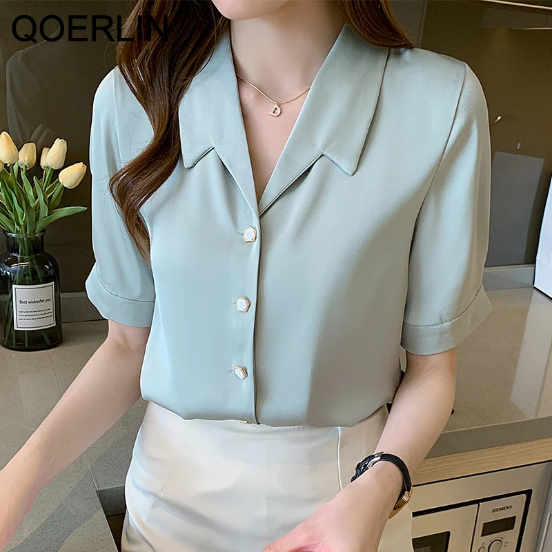 QOERLIN Office Ladies Short Sleeve Satin Shirt Female Elegant Formal OL Chic Button White Blouse  Girl Sweet Tops Shirt