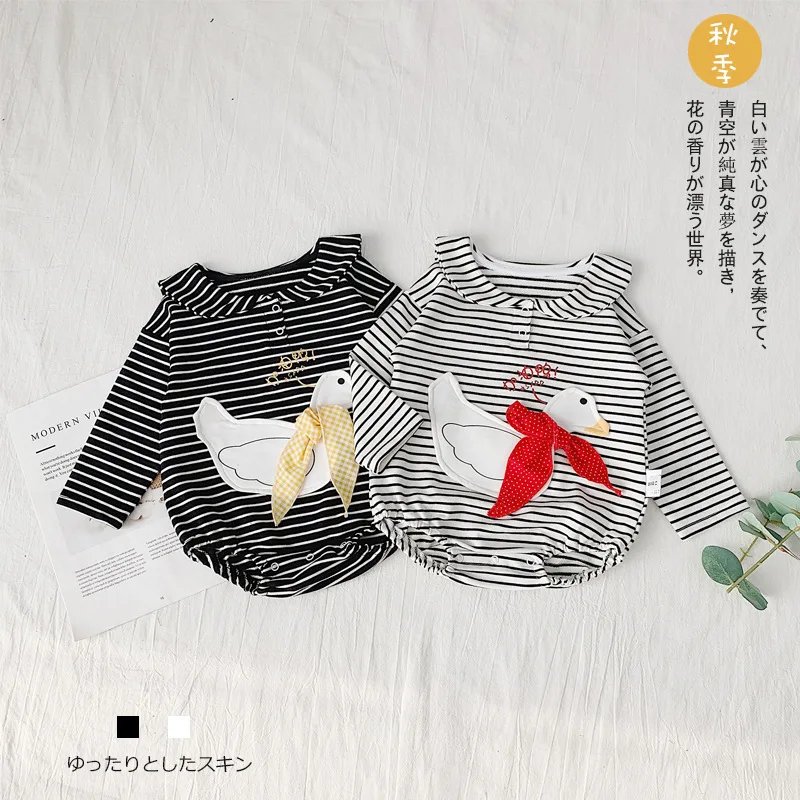

Childrenswear 19 Autumn New Style Baby Long-sleeve Jumpsuit Navy Collar Stripes Little Duck Crawling Clothes N436