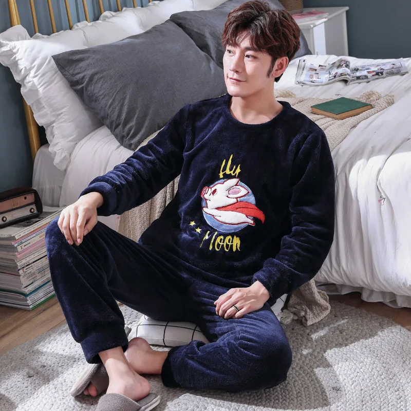 Tanie Plus rozmiar 3XL 4XL 5XL 95kg bielizna nocna z długim rękawem zima ciepła piżama flanelowa zestawy druku piżamy długie spodnie męskie męskie zestaw piżamy